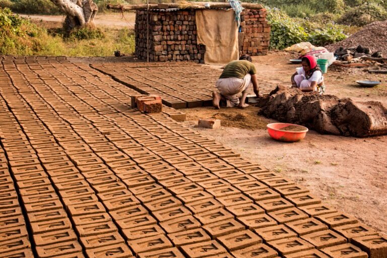 Indian worker making house bricks